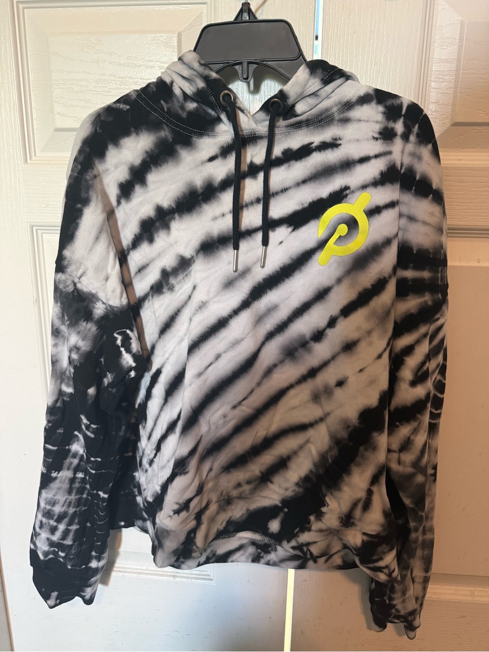 Peloton Black & White Tie-Dye Crewneck Hoodie with Neon Yellow Logo